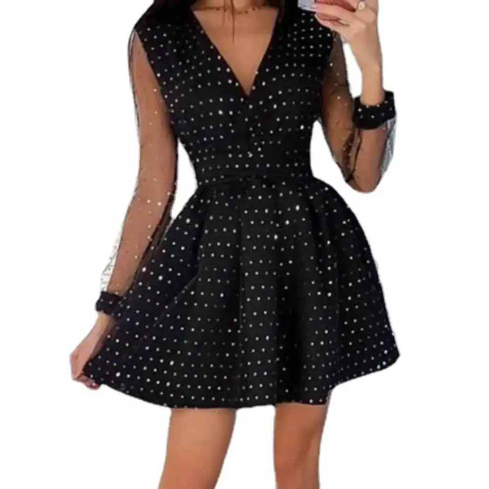 

Элегантное Сетчатое кружевное платье с длинным рукавом, женское модное мини-платье в горошек, сексуальные вечерние платья с V-образным выре...