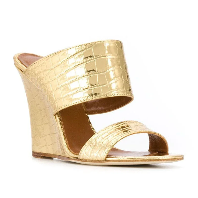 Arden Furtado/летние кожаные тапочки на танкетке с металлическим тиснением сабо очень