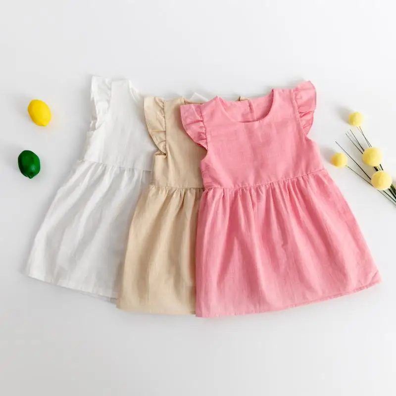

Girls Flying Sleeves Solid Color Cotton Linen Dress Girls Flying Sleeves Princess Dress