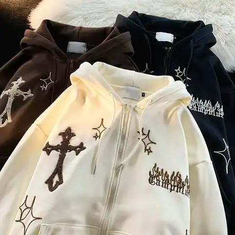 Gothic Embroidery Hoodies Women Retro Harajuku Hip Hop Jacket High Street Zip Up Hoodie Casual Loose Sweatshirt Clothes Y2K Tops