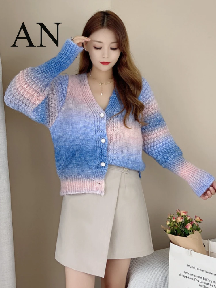 

Женский вязаный кардиган на пуговицах, Свободный кардиган с длинным рукавом, V-образным вырезом, радужным градиентом, свитер на весну