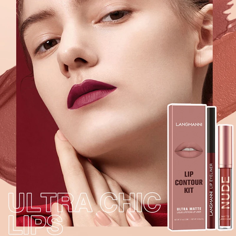 

2PCS/Set Velvet Matte Lip Gloss&Lipliner Waterproof Long-lasting Non-fading Liquid Lipstick Elegant Sexy Lip Makeup Cosmetic