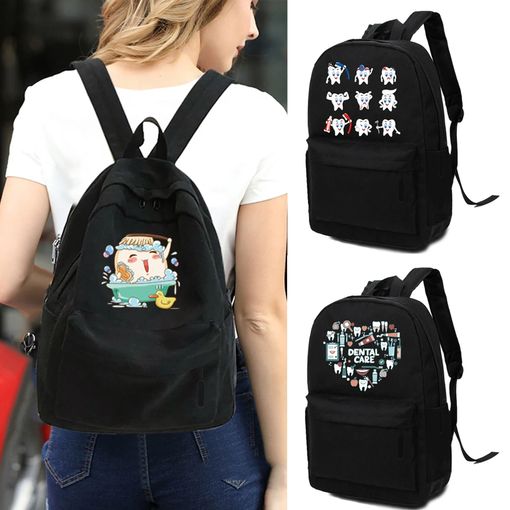 

School Bags Travel Backpacks Men Canvas Large Capacity Portable Zipper Fashion Backpack Girls and Boys Teeth Print Shoulder Bag