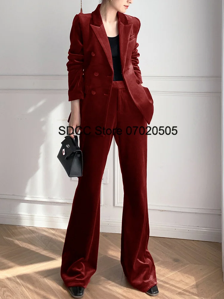 Women Velvet Suit Double Breasted Collar Slim Fit Tuxedo Wedding Prom Party Customized Lady Elegant Blazer 2 Piece Set