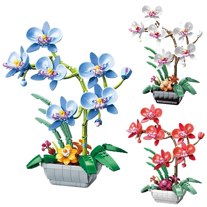 

Bouquet Phalaenopsis Potted Building Blocks Flower Simulation Green Plant Bonsai Model Home Decoration DIY Children's Toy Gift