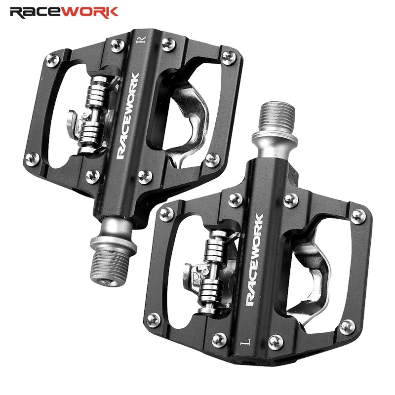 

RACEWORK MTB Bike Clipless Pedals Self-locking CNC Aluminum Alloy DU Bearing SPD Double Flat Platform Mountain Bicycle Pedal