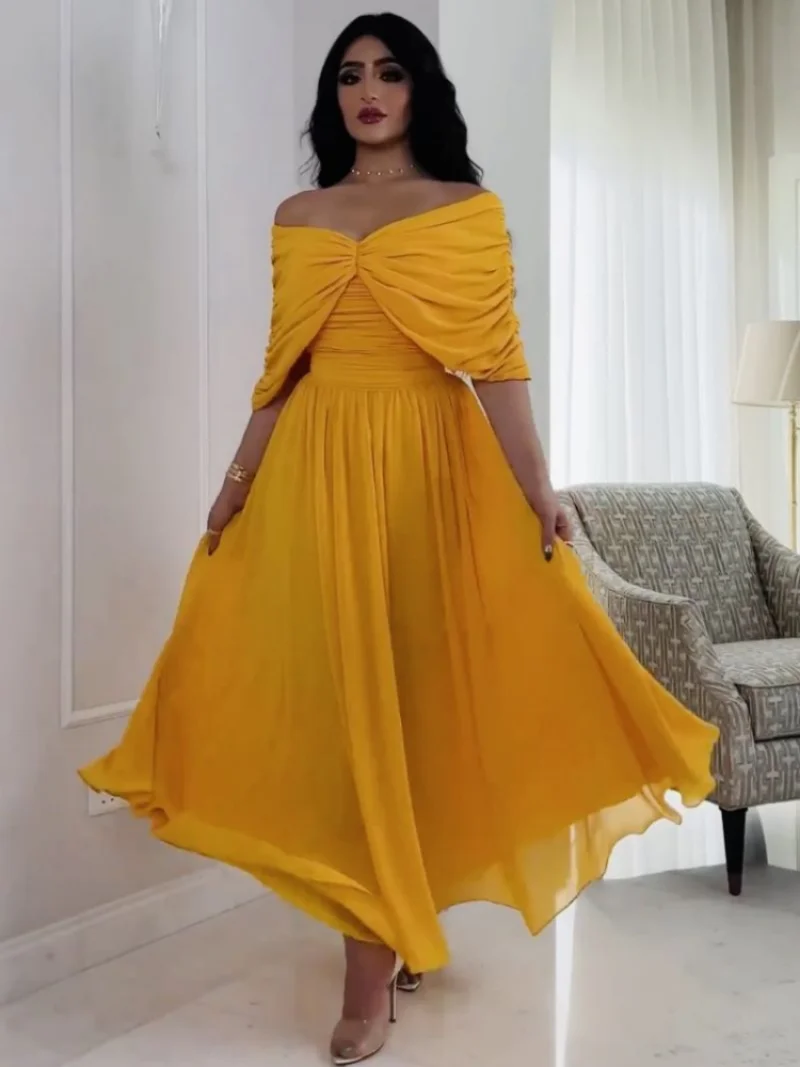 Morocco Party Dress Women Elegant Solid Color Yellow Long Vestidos Sexy V Neck Prom Chiffon Dresses India Longue Vestidos Largos
