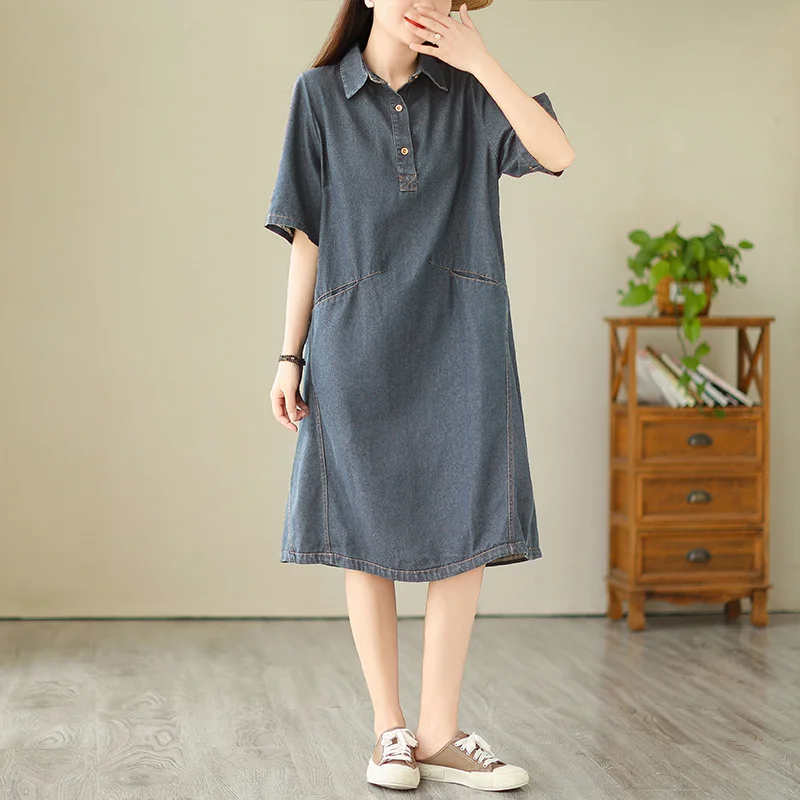 

#2176 Summer Denim Shirt Dress Polo Neck Vintage Midi Dress Buttons Front Pockets Jeans Dress Women Retro Short Sleeve A-Line