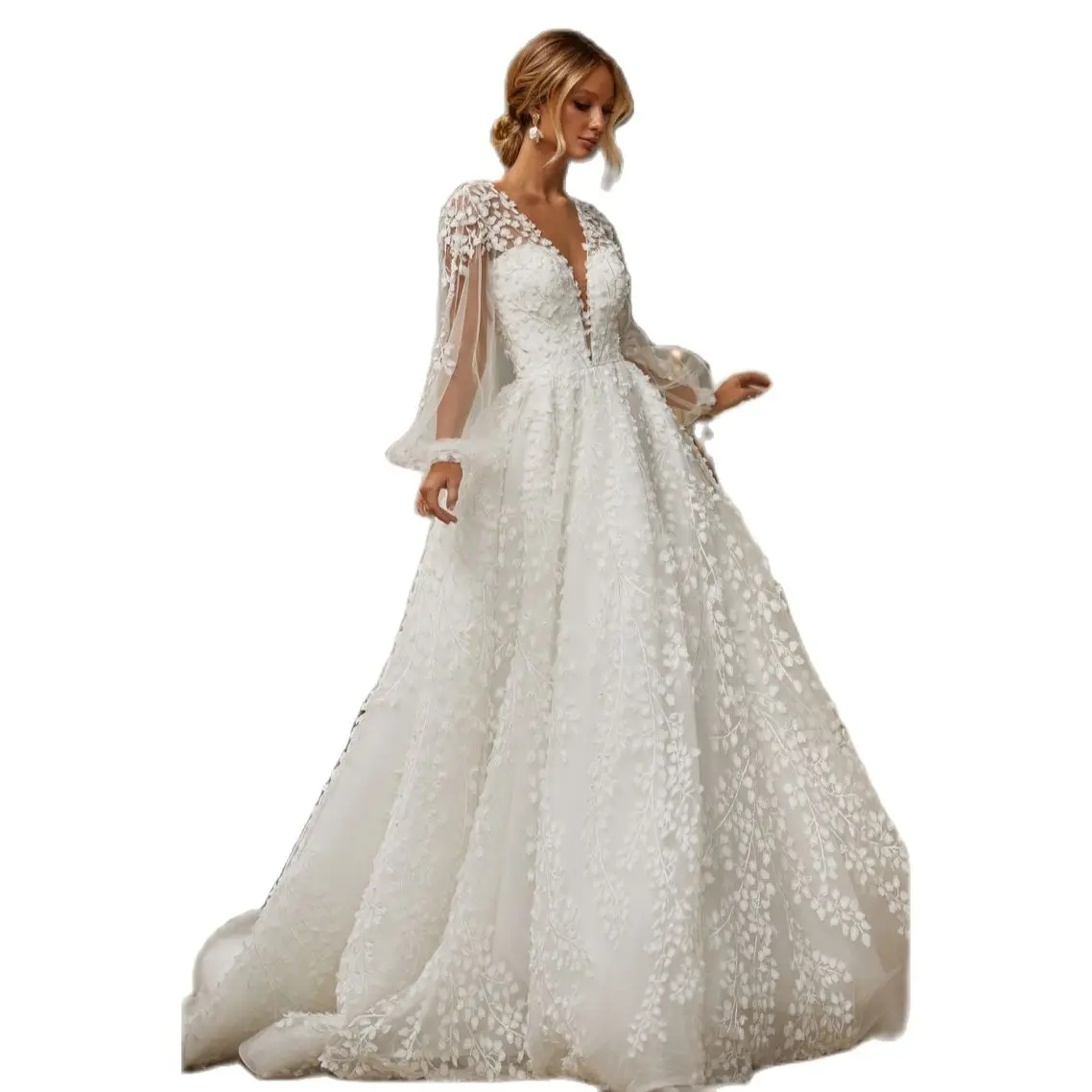 

Eightale Luxury Appliques Tulle Boho Flowery Wedding Dress Lace A-Line Puff Sleeve Sexy V Neck Bridal Dress vestidos de novia