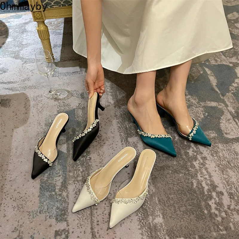 

New Designer Woman Heel Slippers Women Pointed Toe Rhinestones Slides Elegant Slip On Shallow Mule Catwalk 2022 Women's Shoes