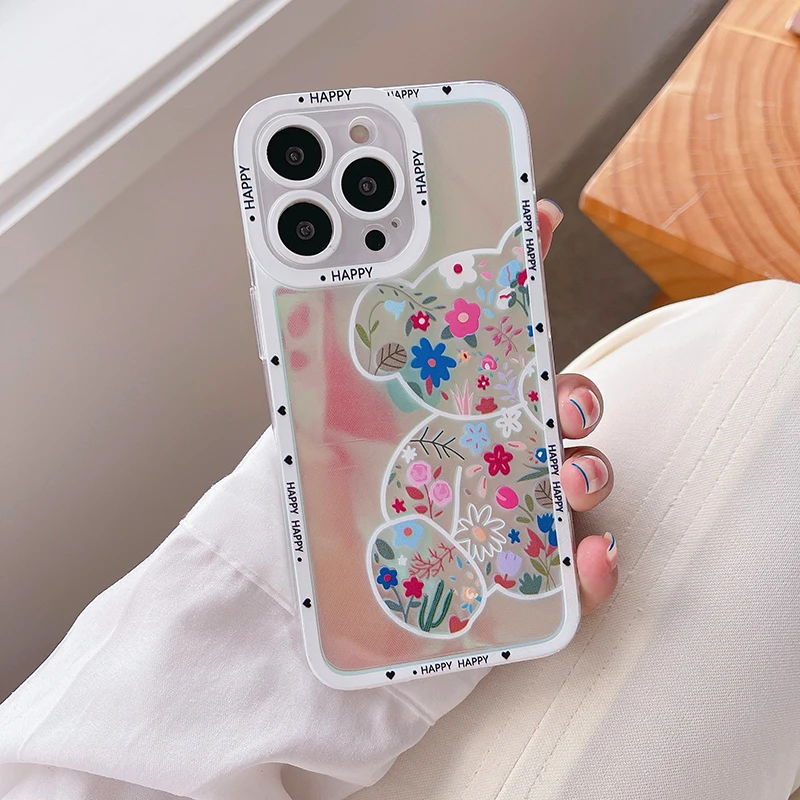 Laser Cartoon Flower Bear Soft Case For Huawei P50 P40 P30 Pro Mate 20 30 40 Nova 9 Honor 60 50 se X10 9X Shockproof Back |