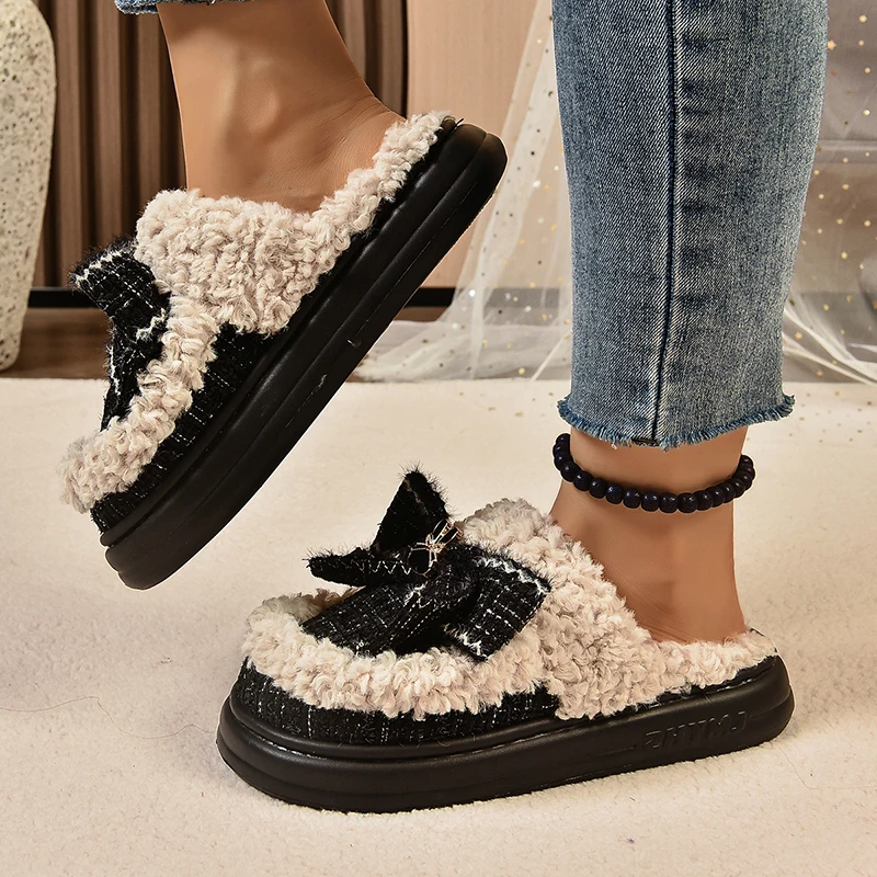Модные плюшевые домашние тапочки для женщин с узлом-бабочкой теплая