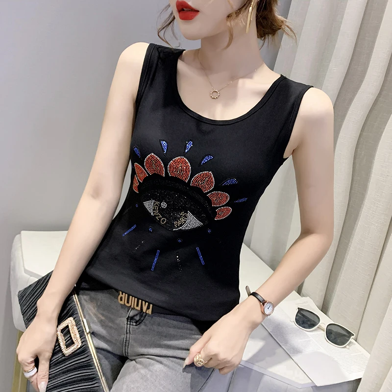 

2023 New Summer Korean Clothes Cotton Vest T-Shirt Chic Sexy O-Neck Shiny Diamonds Women Tops Sleeveless Drilling Hot Tees 34205