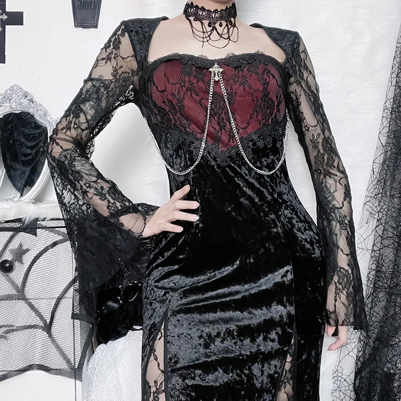 

Gothic Medieval Lace Patch Dress Dress New Sexy Slim Wrap Hip Split Lace Sleeves Featured Long Dress