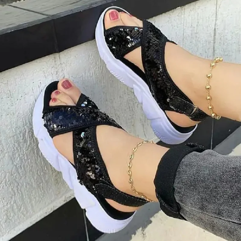 

2022 Summer New Women Sandals Thick Soled Bright Color Face Round Head Sandals Bling Beach Sandals Roman Open Toe Platform Shoes