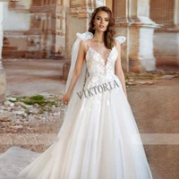 viktoria princess wedding dresses v neck shoulder lace up custom made court train backless a line appliques sleeveless