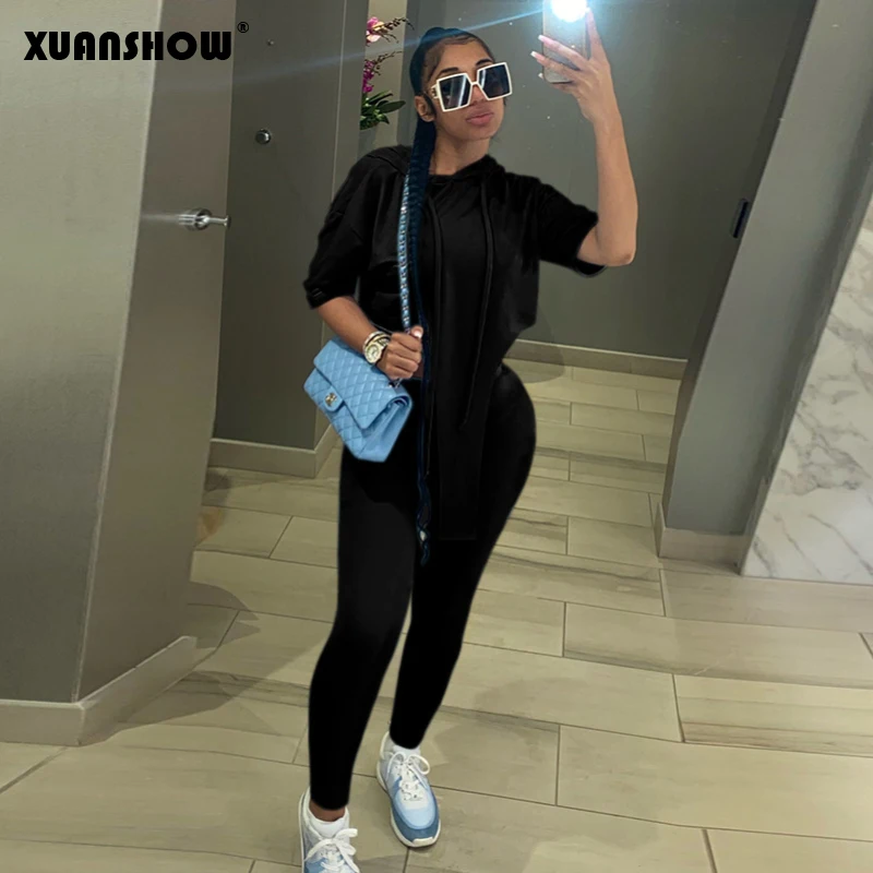 

XUANSHOW 2023 Spring Summer Women's Fashion Two Piece Outfit Trend Solid Color Hooded Long Sleeve Slim Trousers Casual Suit