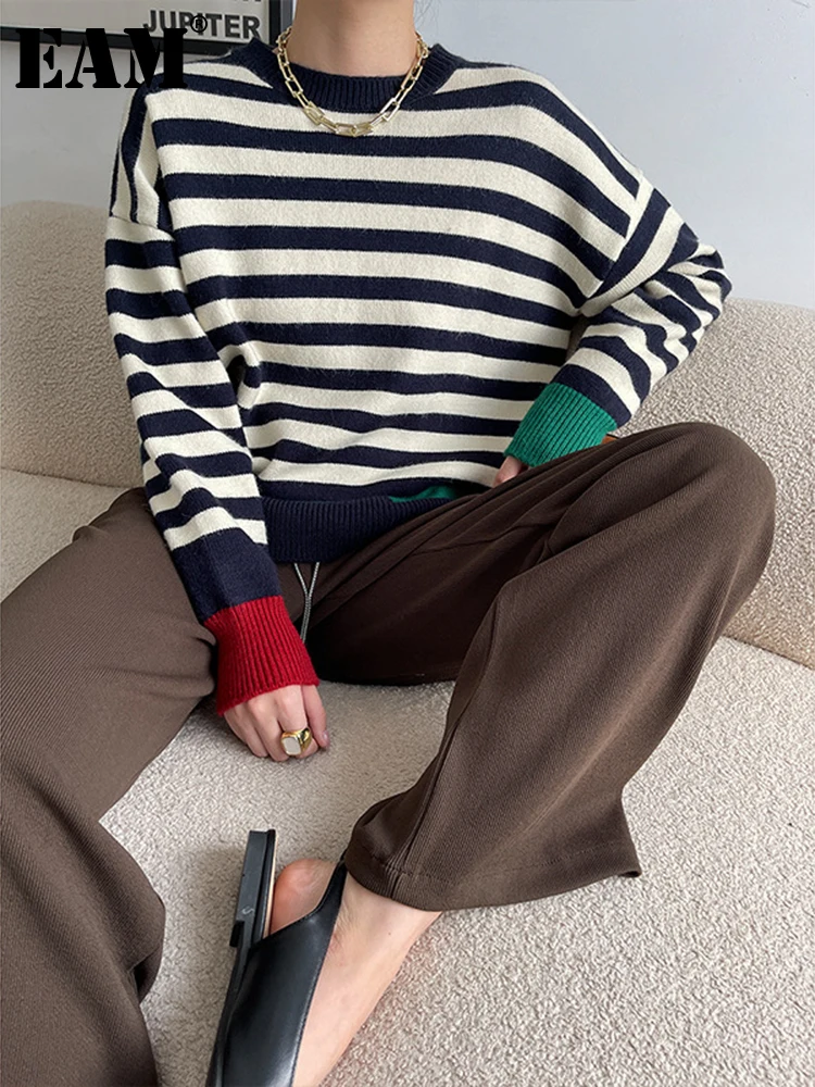 

[EAM] Black Striped Big Size Knitting Sweater Round Neck Long Sleeve Women Pullovers New Fashion Autumn Winter 2023 1DF1876