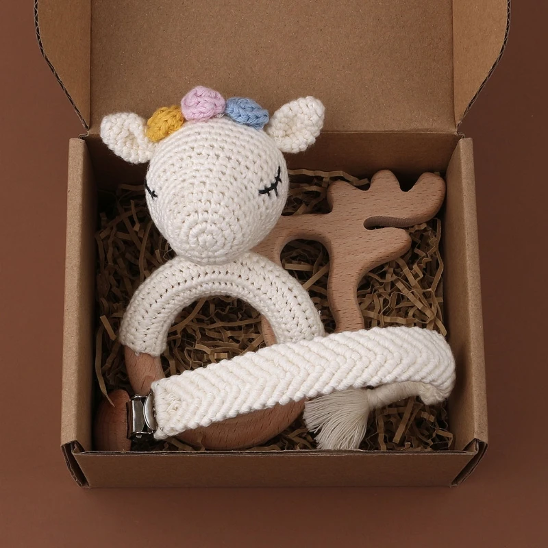 

1 Set Baby Newborn Knitted Cotton Deer Wooden Ring Teether+Pacifier Clip Chain Holder DIY Crochet Rattle Bracelet Soother