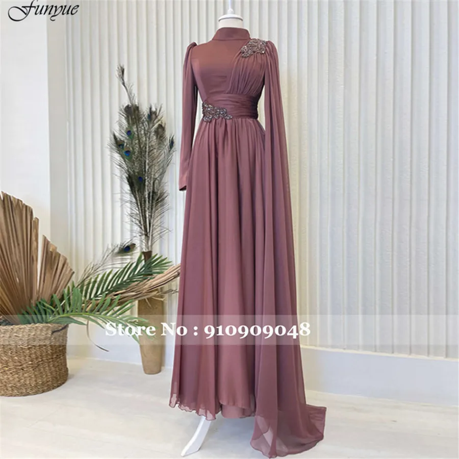 Фото Funyue A-Line Chiffon Blue Prom Gown Vestidos De Noite Beaded Long Sleeves Formal Dress Arabic Dubai Arabic Evening Dresses №2