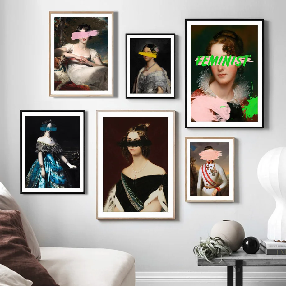 

Винтажный Портрет женщины в средневековом стиле абстрактное феминистское искусство холст картины плакаты и принты настенные картины для д...