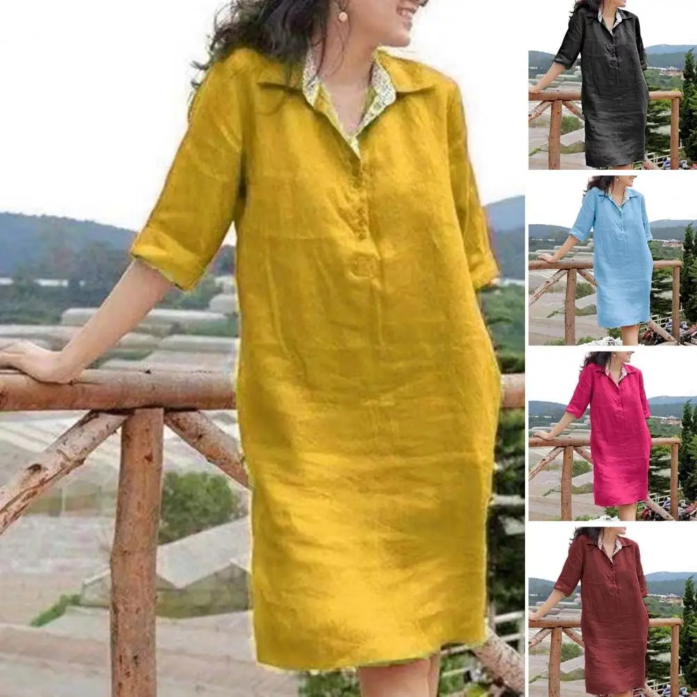 

Women Dress Lapel V-neck Buttons Neckline Half Sleeve Loose Fit Dressing Up Knee Length Summer Solid Color Casual Dress Daily Ga