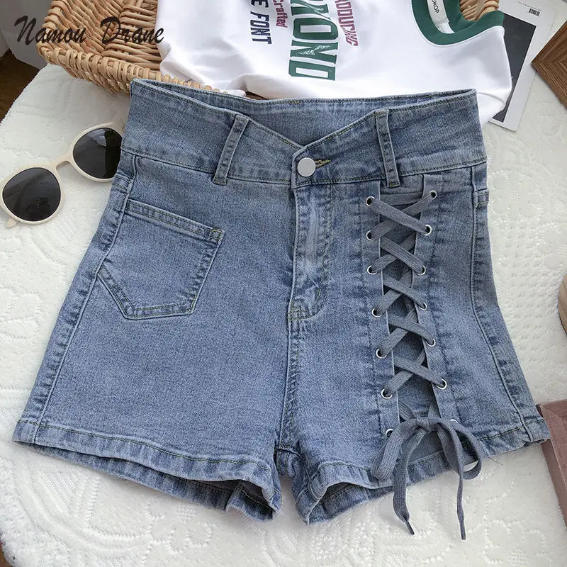 Женские джинсовые широкие шорты со шнуровкой и высокой талией большие размеры