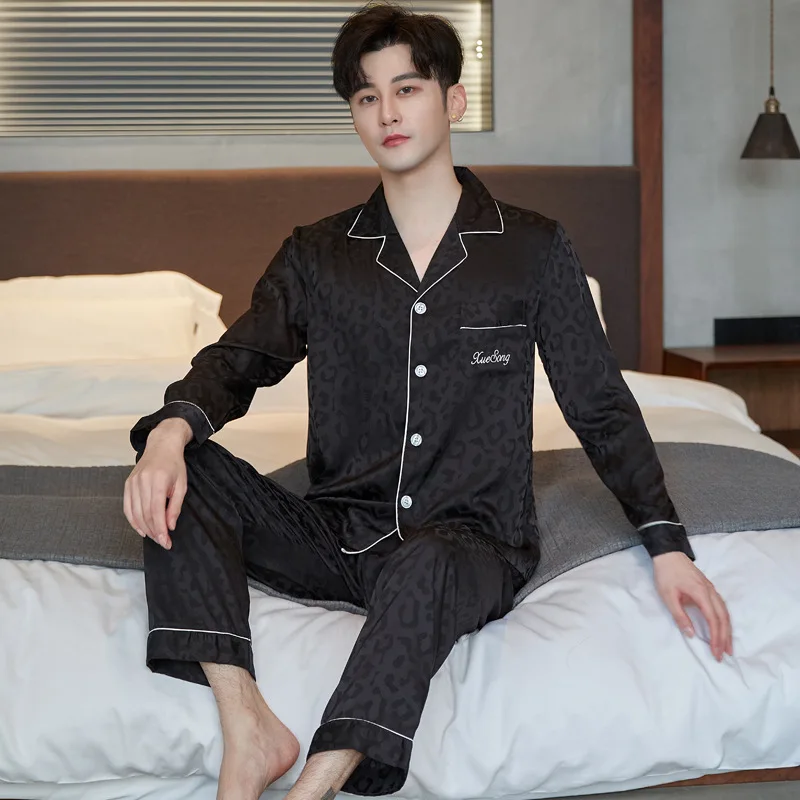 

Men's Summer Ice Silk Pajamas Long Sleeve Cardigan Lapels Leisurewear Emulation Silk Big Yards Loose Two Suits In The Spring And