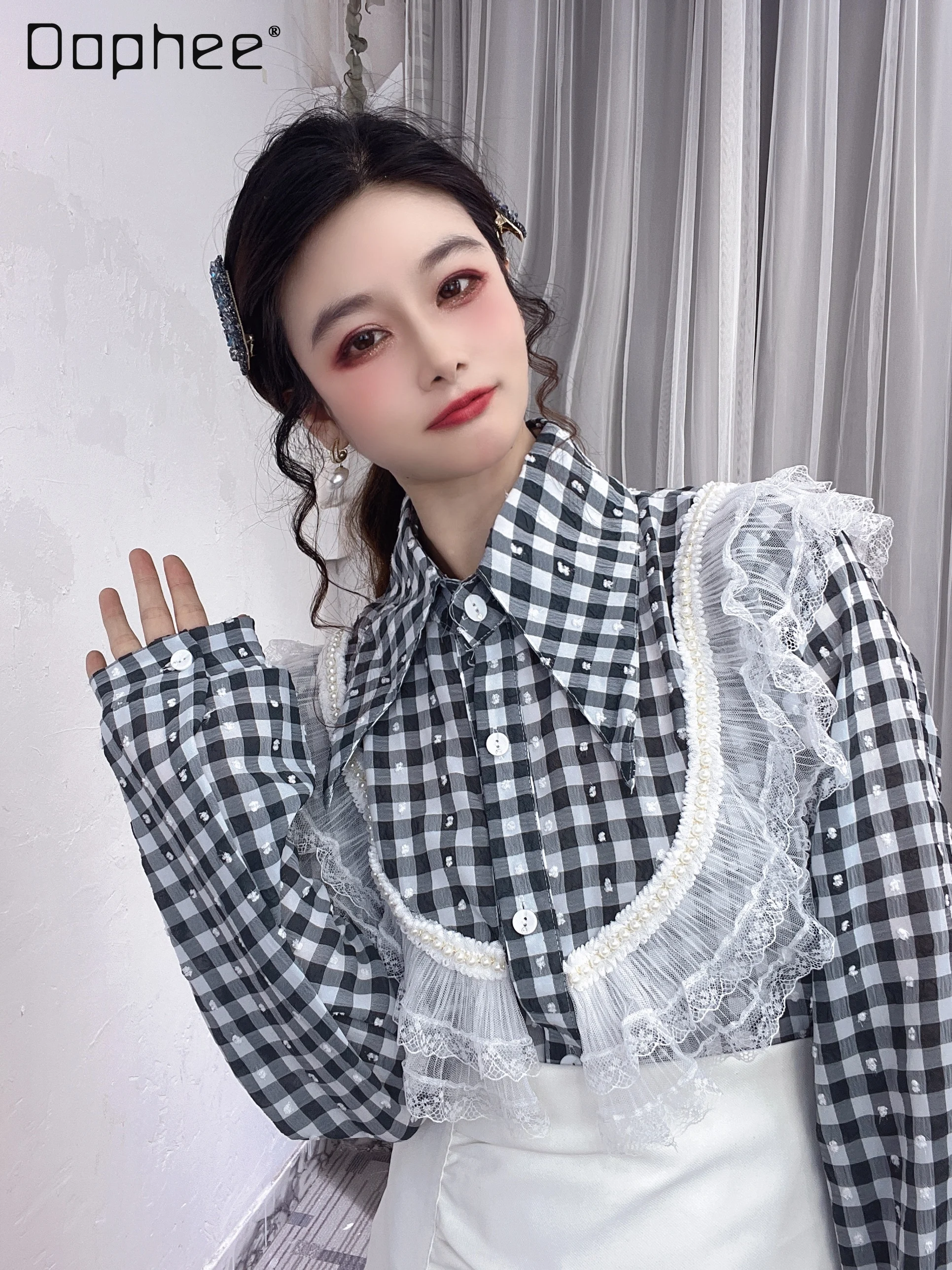 

Sweet Black and White Plaid Contrast Color Lace Beaded Lapel Blouses Ladies 2022 Spring Clothes Elegant Long Sleeve Top Women