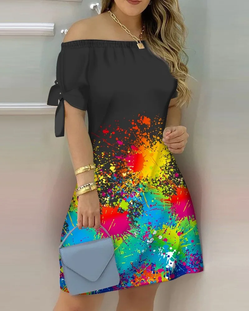 

Women Sexy Off Shoulder Dress Slash Neck Bow Tie Elegant Printed Fashion Casual Bodycon Party Club A Line Mini Dress Vestido