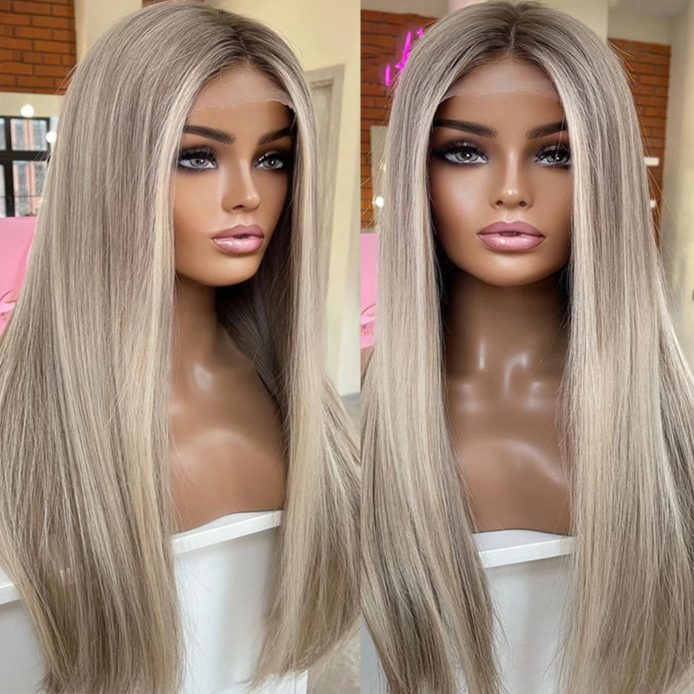 

Ash Blonde Full Lace Human Hair Wigs Ombre Highlights Wig for Women 13x6 Remy Hair Transparent HD Straight Lace Front Wig 200%