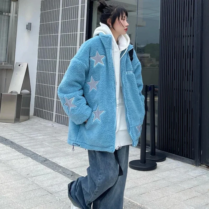 

Ladies Winter Star Embroidered Lamb Plush Coat Y2K kawaii Blue Fashion Loose Lazy Oversize Lovers Coat 2024 New Autumn Winter