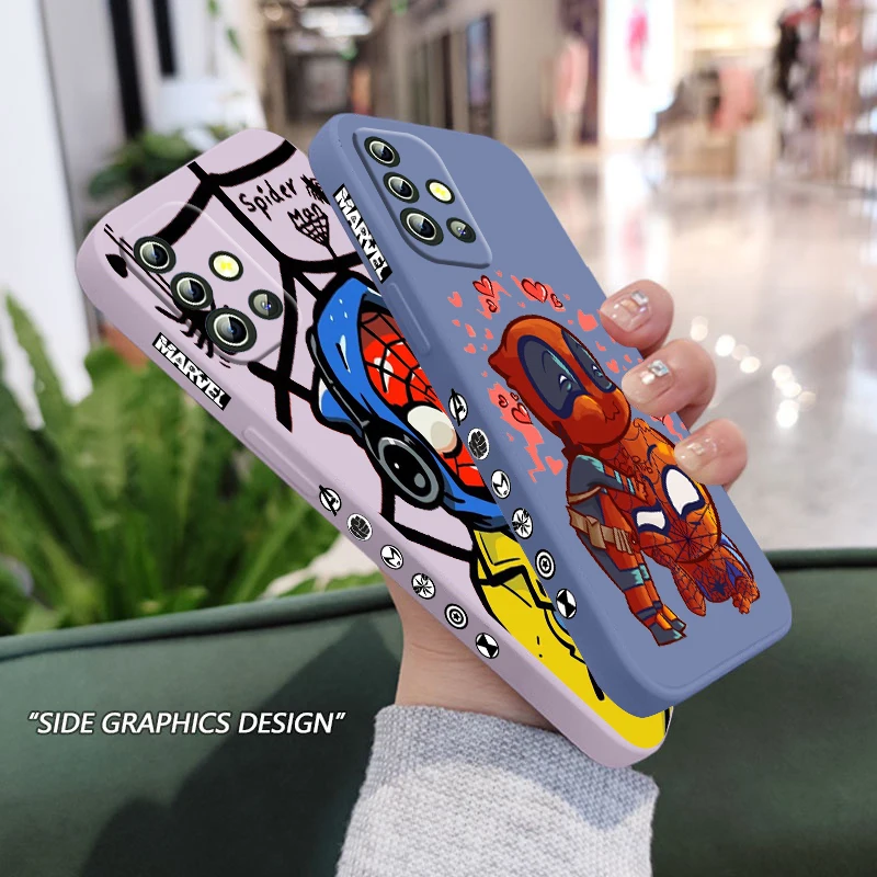 

Spiderman marvel cute For Samsung A04 A71 A51 A42 A41 A31 A32 A21S A12 A11 4G 5G Liquid Left Rope Phone Case