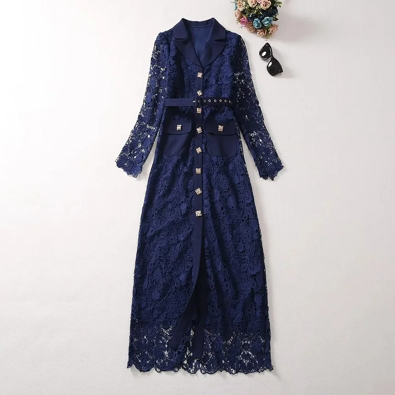 

Женское кружевное платье, синее облегающее платье с длинным рукавом и пуговицами, украшенное бусинами, из высококачественного кружева, осень 2023