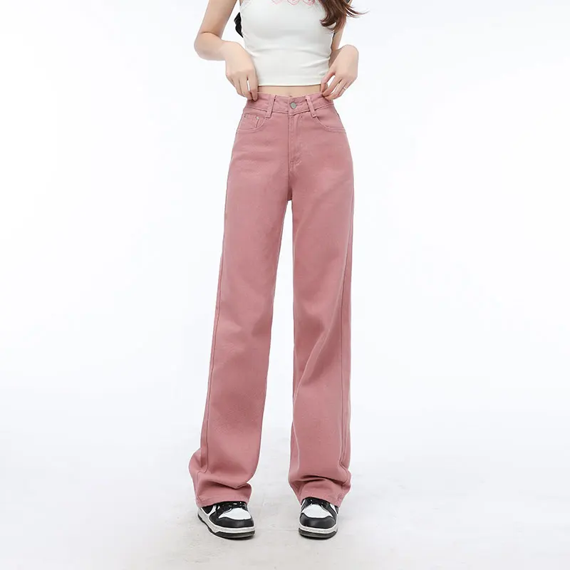 Jeans women's trousers pink summer 2023 casual new high waist straight leg versatile casual wide leg draped mop pants