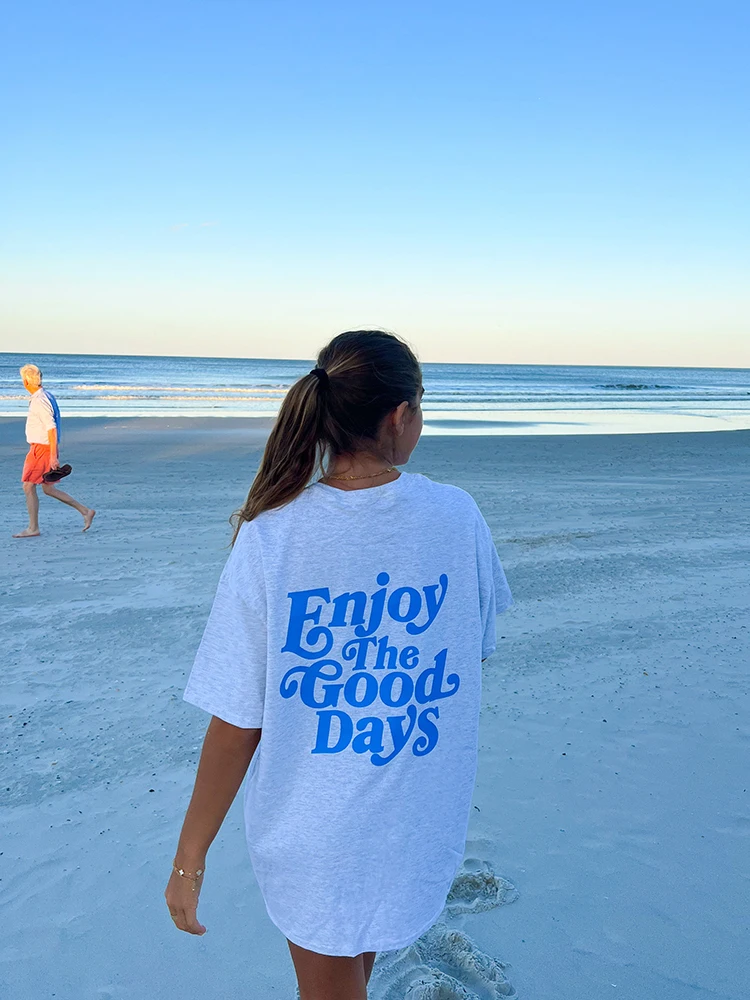 

Женская хлопковая футболка с надписью «Enjoy The Good Days», индивидуальная уличная футболка в стиле хип-хоп, повседневная женская футболка с кругл...