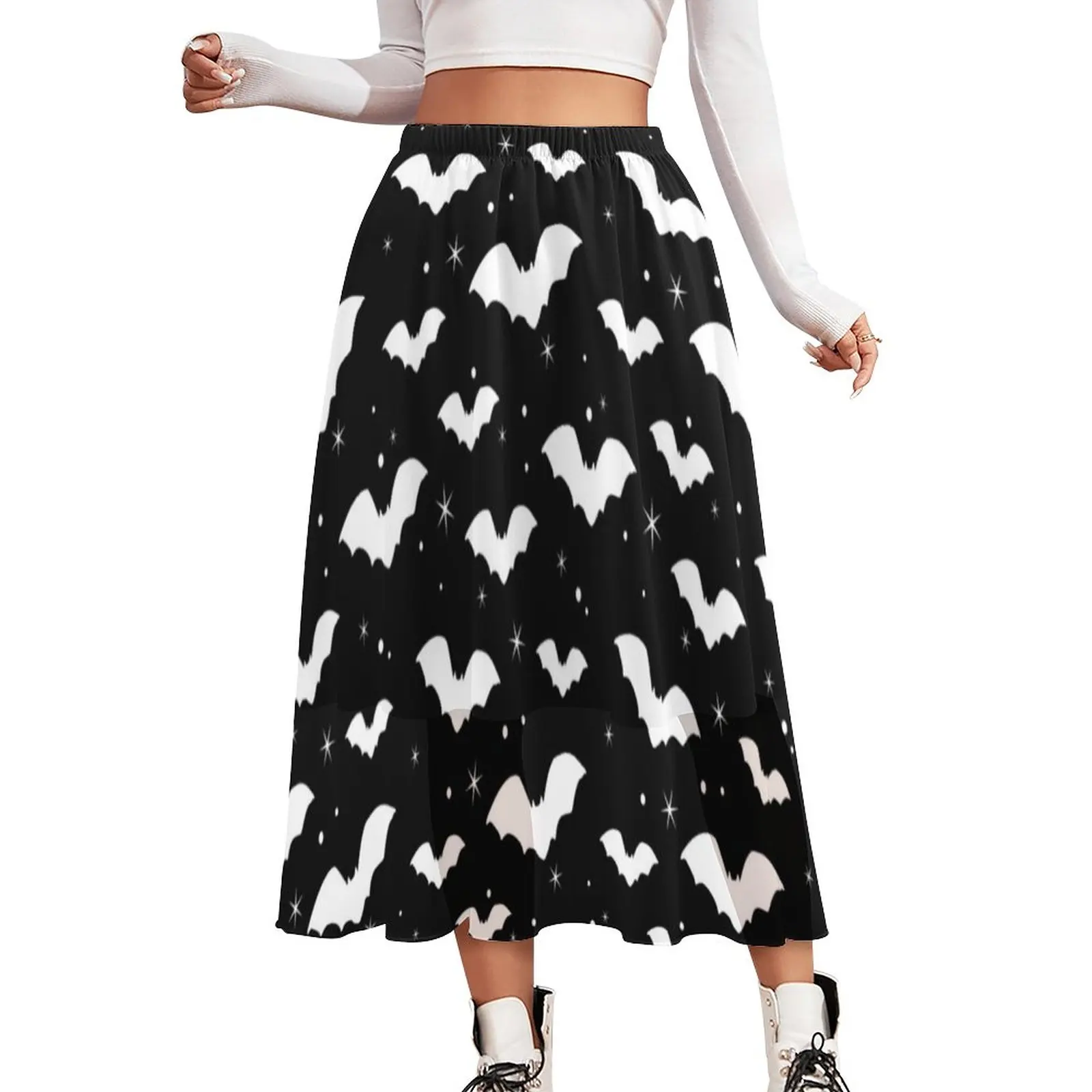 

Bats Silhouettes Chiffon Skirt Night Sky Korean Fashion Casual Skirts Female Cute A-line Skirt Design Clothes Gift