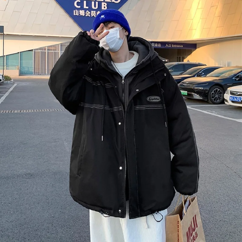 Fake Two-piece Tooling Hooded Cotton-padded Jacket Male Korean Fashion Loose Wild Warm Jacket Ins Tide Brand Cold Jacket