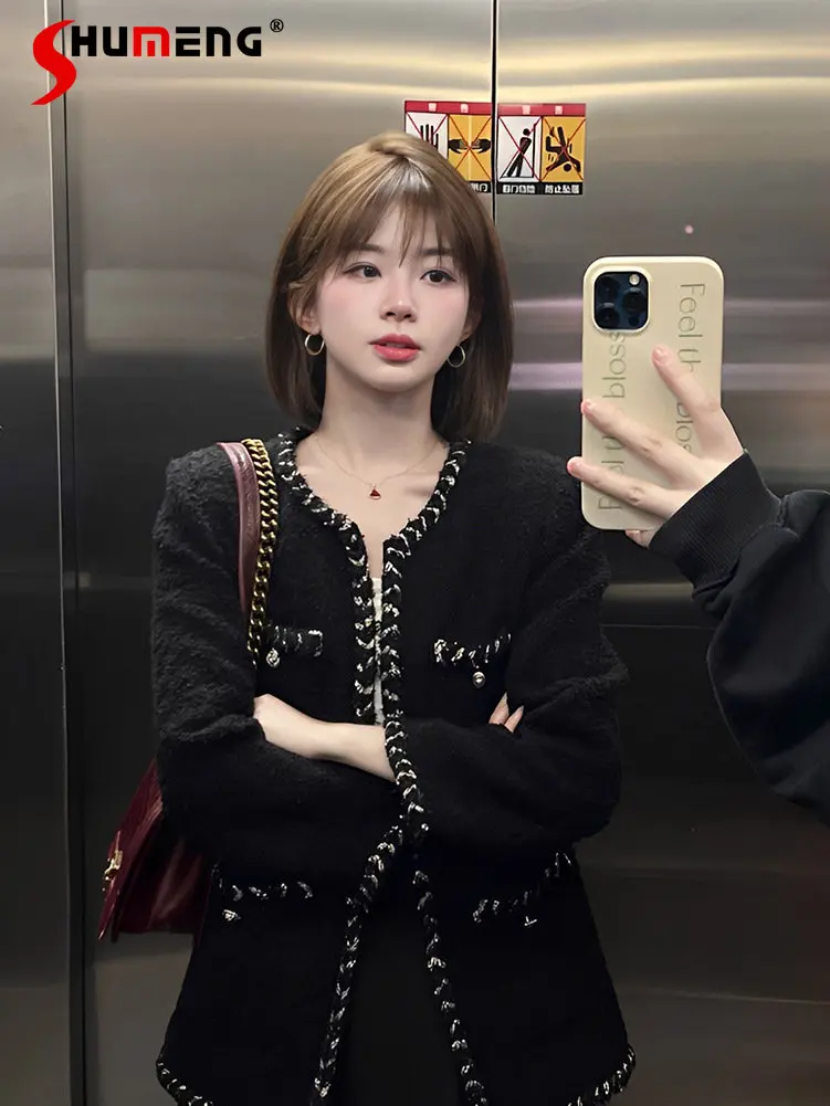 

2022 Fall Winter New Fashion Korean Style Elegant Black Suit Coat Women's Trendy Solid Color Tweed Classic Style Jacket Cardigan