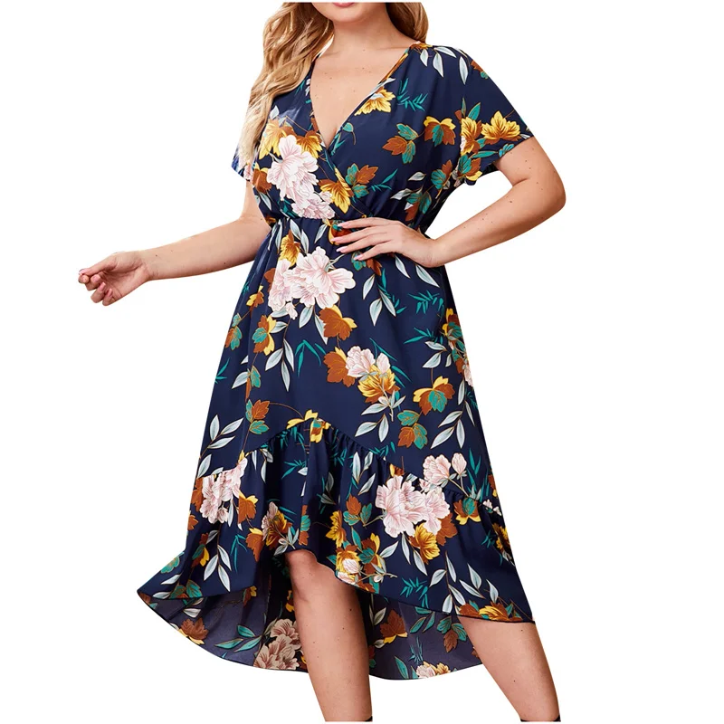 

Plus Size Women Dress Boho Floral Casual Dress V-neck Short Sleeve Loose Irregular Big Swing A-Line Long Dress Vestidos De Mujer