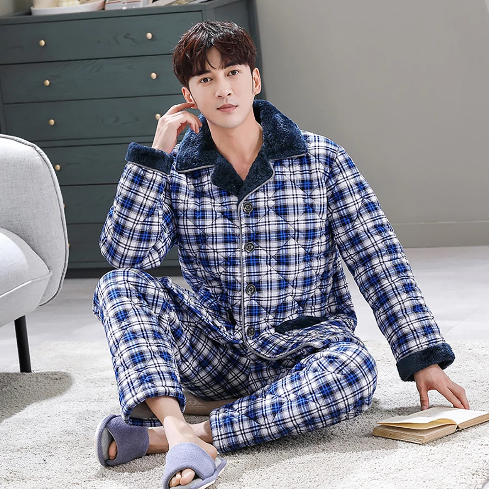 Men's Winter Pajamas Sets 3-layer Thicken Flannel Warm Sleepwear Casual Plaid Pajama Pyjamas for Men Soft Pigma Sleeping Clothes