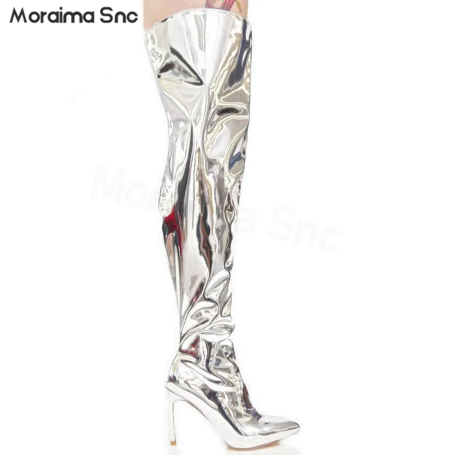 Golden Patent Leather Shiny Boots Pointed Toe Stiletto High-Heel Catwalk Nightclub Women's Boots Fashion Over-The-Knee Boots