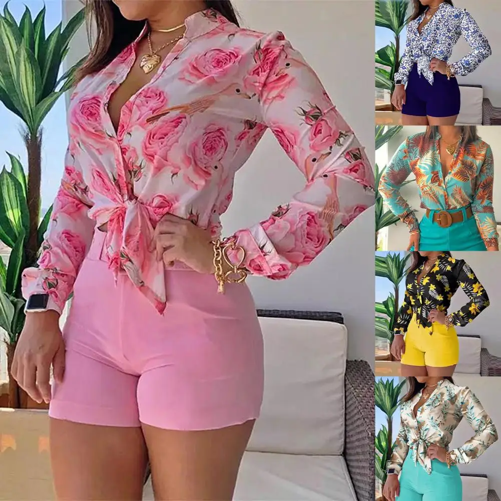 

Chic Office Lady Shirt Stand Collar Breathable Streetwear Floral Print Long Sleeve Buttons Down Shirt Blouse