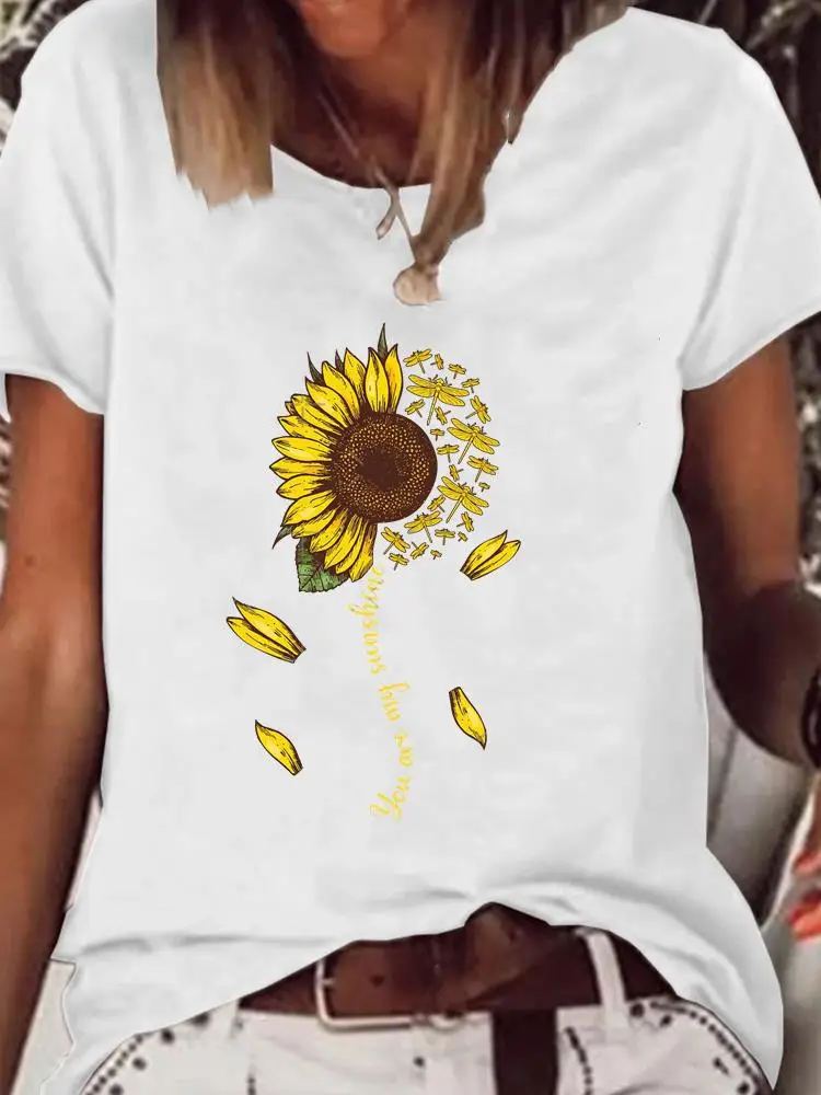 

Print T Shirt Dragonfly Flower Cute Short Sleeve Summer Kawaii Clothes Women Clothing Fashion Graphic T-shirt Basic Tee Top