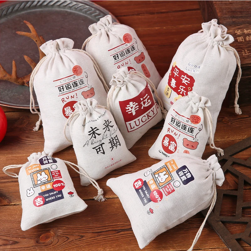 

10x14 13x18 15x20 17x23cm Cotton Fabric Drawstring Bags Canvas Cloth Bag with Blessing Words Packaging for Party Gift Cosmetic
