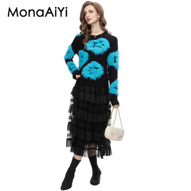 Осеннее темпераментное плюшевое платье MonaAiYi с принтом и круглым вырезом высокой