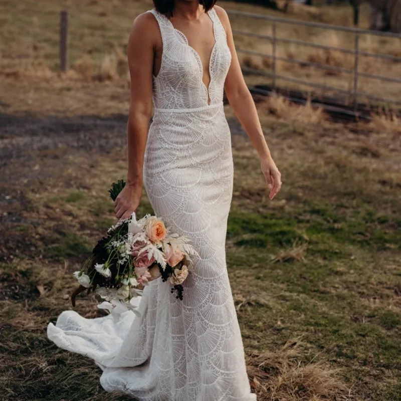 

Женское свадебное платье с юбкой годе, элегантное ажурное платье с V-образным вырезом, без рукавов, открытой спиной и ракушками, модель SWD434