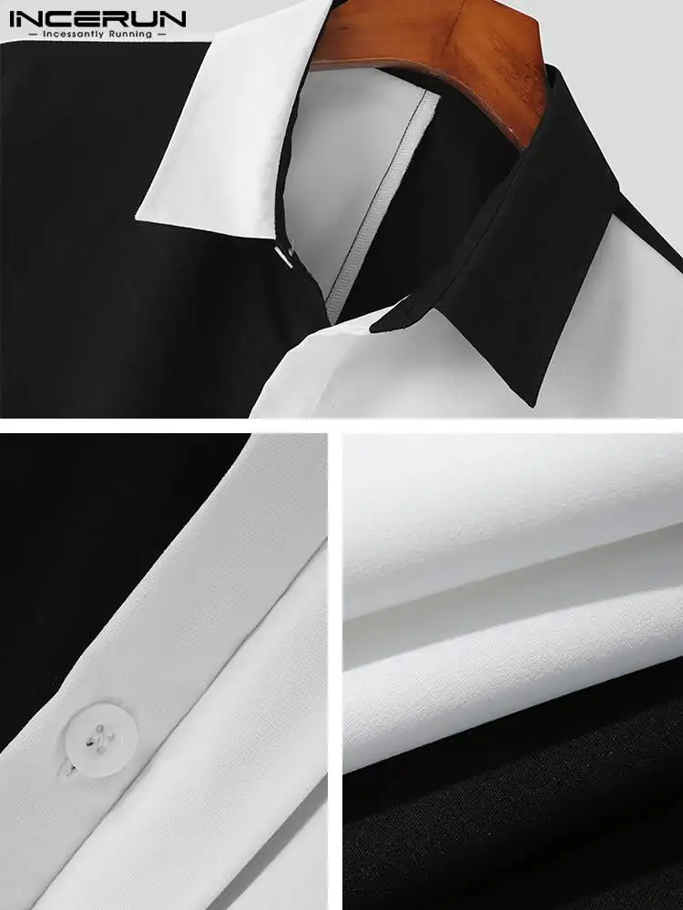 Handsome Well Fitting Tops INCERUN Men 2Color Stitching Contrast Color Blouse Simple All-match Short-sleeved Lapel Shirts S-5XL