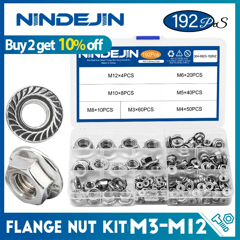 

NINDEJIN 192 шт/набор шестигранные фланцевые гайки набор M3 M4 M5 M6 M8 M10 M12 из нержавеющей стали метрические фланцевые гайки набор DIN6923