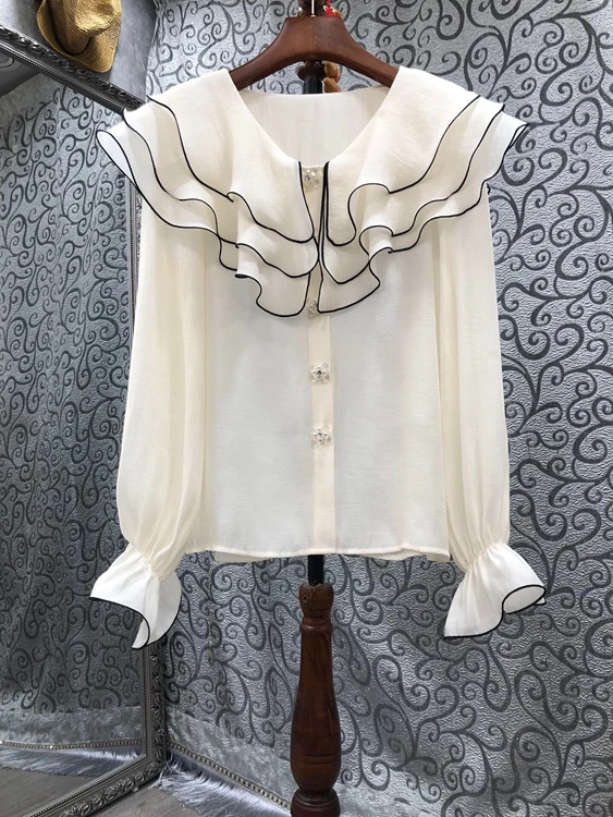 

2022 new women fashion multi-layer ruffle stitching neckline flared long-sleeved all-match top 314